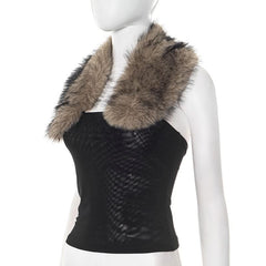 Halter fluffy mesh backless patchwork top