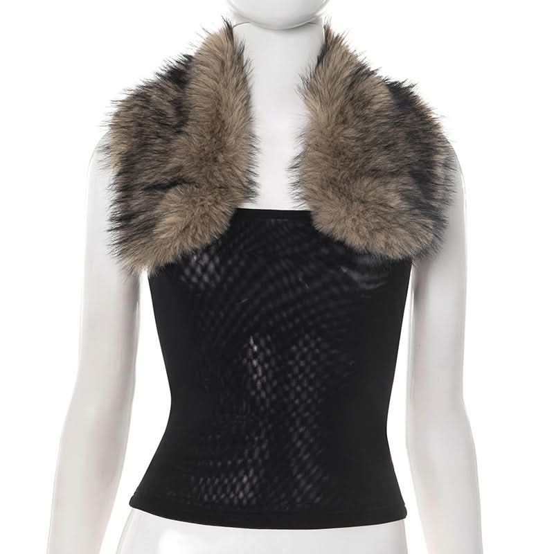 Halter fluffy mesh backless patchwork top
