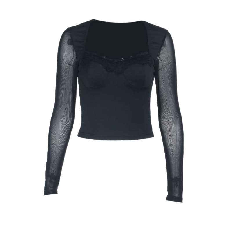 Mesh long sleeve lace hem v neck top