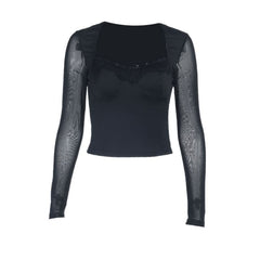 Mesh long sleeve lace hem v neck top