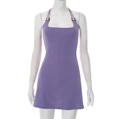 Square neck beaded halter self tie mini dress