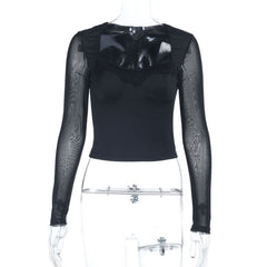 Mesh long sleeve lace hem v neck top