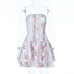 Lace hem flower print zip-up tube mini dress