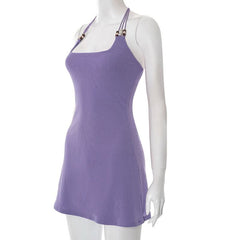 Square neck beaded halter self tie mini dress