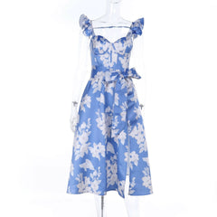 Ruffle flower print zip-up slit v neck midi dress