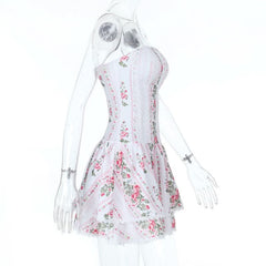 Lace hem flower print zip-up tube mini dress