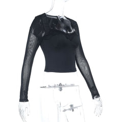 Mesh long sleeve lace hem v neck top
