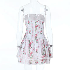 Lace hem flower print zip-up tube mini dress