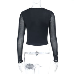 Mesh long sleeve lace hem v neck top