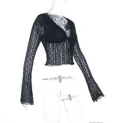 V neck lace hem long sleeve solid top