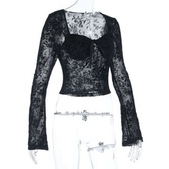 Long sleeve v neck print black top