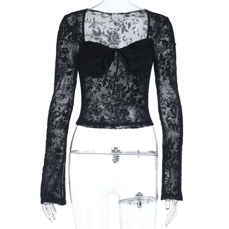 Long sleeve v neck print black top