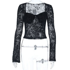 Long sleeve v neck print black top