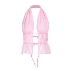 Halter ruched self tie hollow out pink cut out top