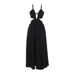 Hollow out deep v neck zip-up slit cami cut out maxi dress