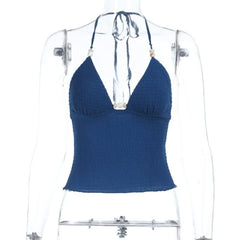 Self tie halter v neck ruched backless top