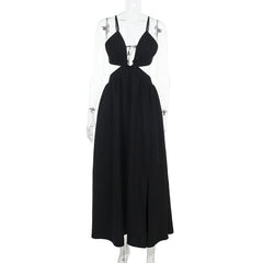 Hollow out deep v neck zip-up slit cami cut out maxi dress