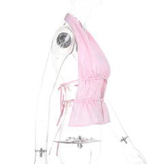 Halter ruched self tie hollow out pink cut out top