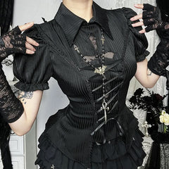 Short sleeve turnover collar smocked lace up top