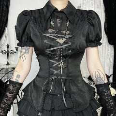 Short sleeve turnover collar smocked lace up top