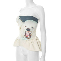 Ruched puppy print backless tube top