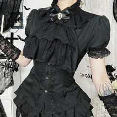 Lace hem bowknot short sleeve black top