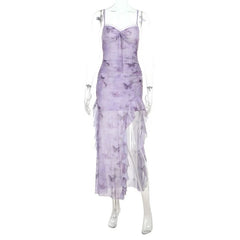 Lace hem slit v neck ruffle butterfly print maxi dress