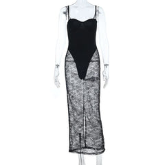 Slit v neck lace backless cami midi dress