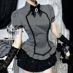 Bowknot striped ruffle short sleeve top