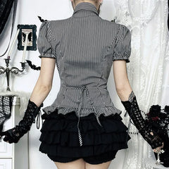 Bowknot striped ruffle short sleeve top