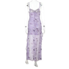 Lace hem slit v neck ruffle butterfly print maxi dress