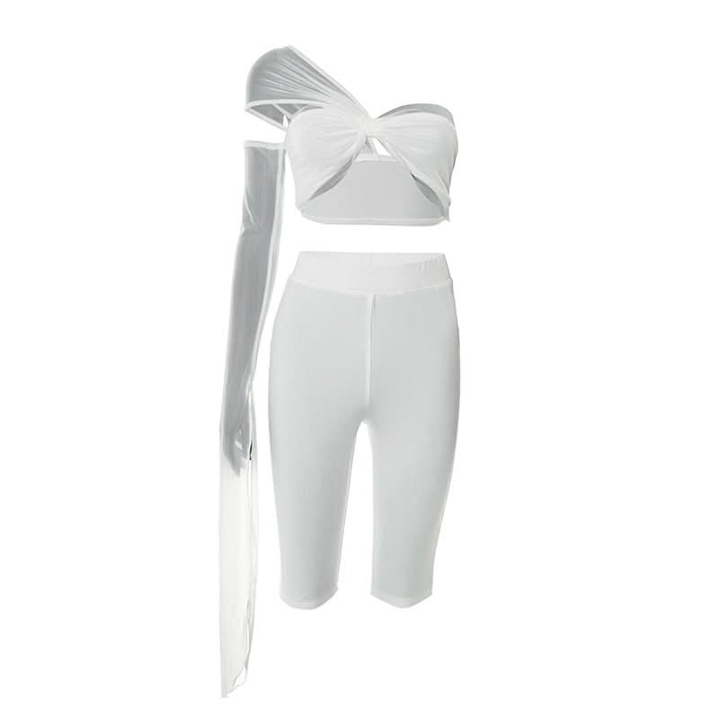 One shoulder irregular mesh knotted pant set