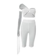 One shoulder irregular mesh knotted pant set