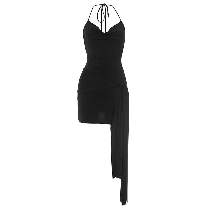 Cowl neck halter self tie irregular mini dress