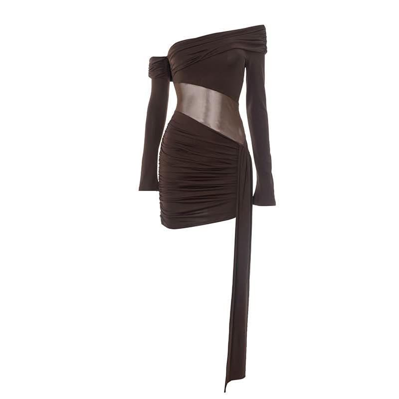 Irregular ruched off shoulder long sleeve mini dress
