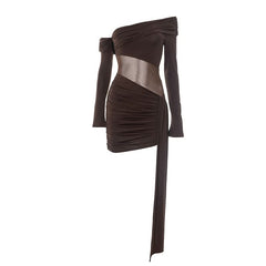 Irregular ruched off shoulder long sleeve mini dress