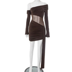 Irregular ruched off shoulder long sleeve mini dress