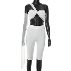 One shoulder irregular mesh knotted pant set