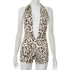 Leopard print deep V neck halter romper
