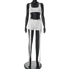 Square neck button striped medium rise tank pant set