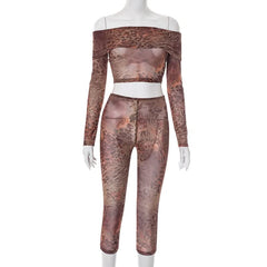 Long sleeve off shoulder mesh leopard print pant set