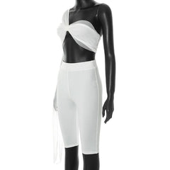 One shoulder irregular mesh knotted pant set