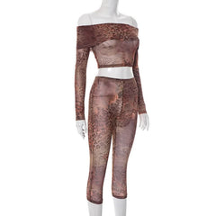 Long sleeve off shoulder mesh leopard print pant set