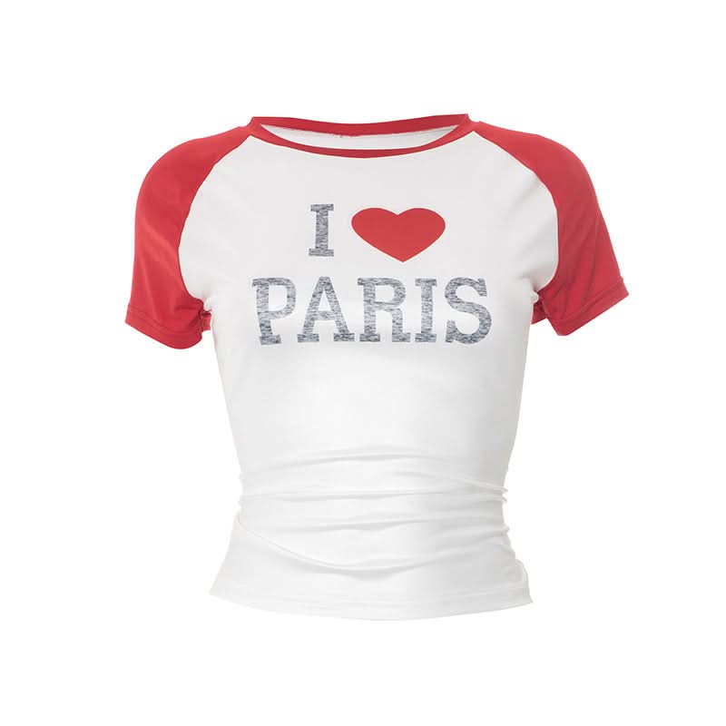 Crewneck short sleeve letter pattern contrast top