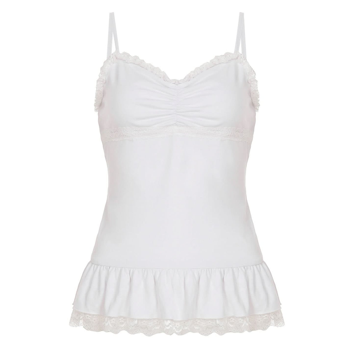 Ruched lace hem v neck white cami top