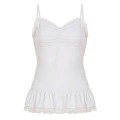 Ruched lace hem v neck white cami top