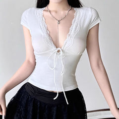 Lace hem v neck self tie cap sleeve top