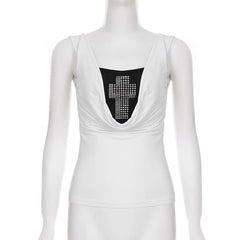 Beaded cowl neck o ring white tank top