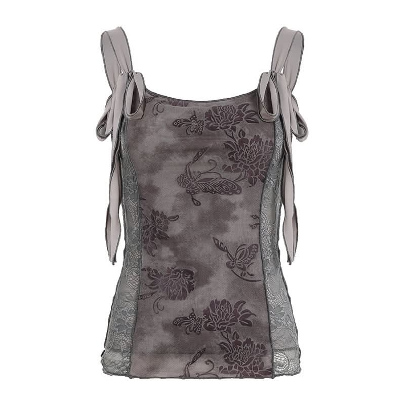 Lace flower print u neck self tie cami top