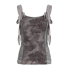 Lace flower print u neck self tie cami top